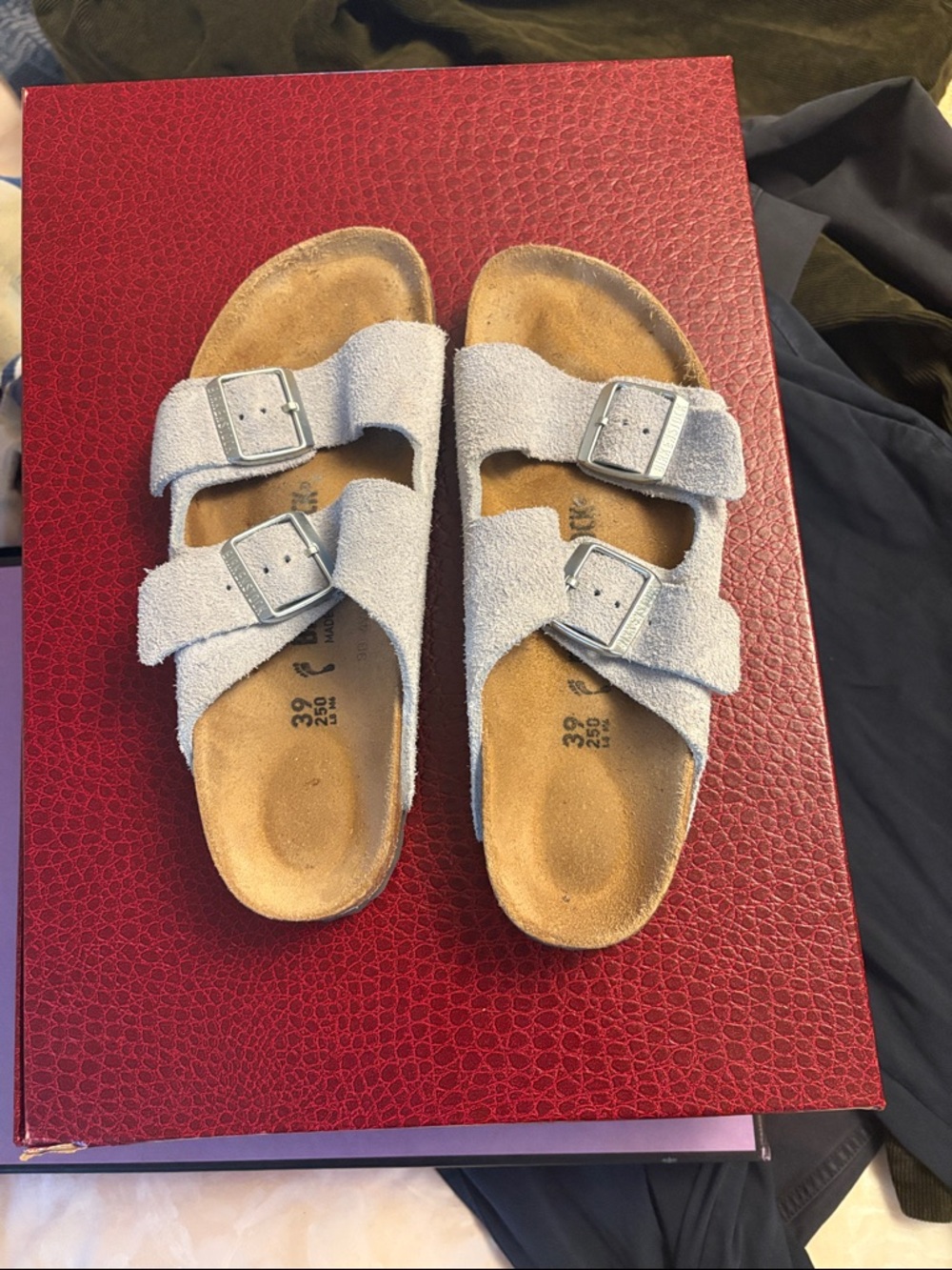 Birkenstock Two-Strap Suede Slide Sandals in Light Gray